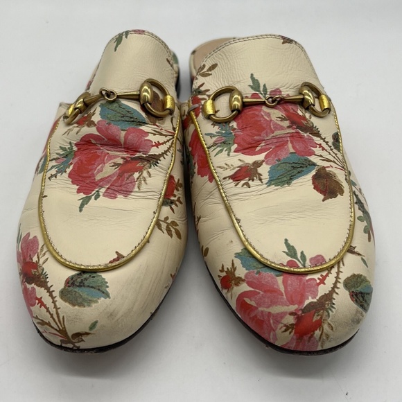Gucci Flat Princetown Leather Floral Print Mule Slide w/ Buckle sz 36 - Picture 2 of 6